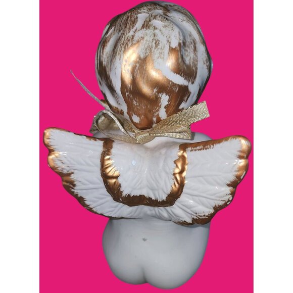 White & Gold Ceramic Angel Figurine With Floral Bow Details - Picture 6 of 9